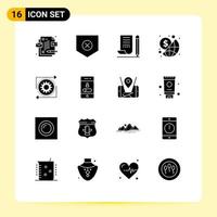 Pack of 16 Modern Solid Glyphs Signs and Symbols for Web Print Media such as gear money note pad investment business Editable Vector Design Elements