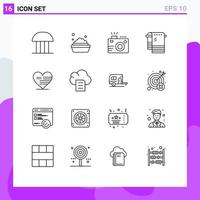 Group of 16 Outlines Signs and Symbols for heart towel camera dry summer Editable Vector Design Elements