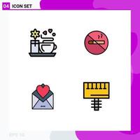 4 Universal Filledline Flat Color Signs Symbols of tea cup card smoking health love Editable Vector Design Elements