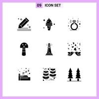 Mobile Interface Solid Glyph Set of 9 Pictograms of house vegetable ice mushroom ring Editable Vector Design Elements