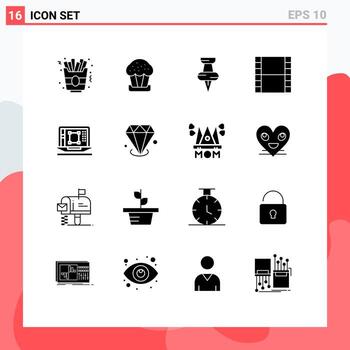 Solid Glyph Pack of 16 Universal Symbols of increase designing tool pin decrease video Editable Vector Design Elements