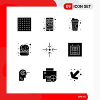 Universal Icon Symbols Group of 9 Modern Solid Glyphs of wireframe calendar soft drink scale arrow Editable Vector Design Elements