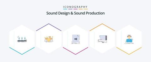 diseño de sonido y producción de sonido Paquete de 25 iconos planos que incluye tarjeta. sonido. instrumento. música. expediente vector