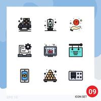 Pack of 9 creative Filledline Flat Colors of graph laptop help development coding Editable Vector Design Elements