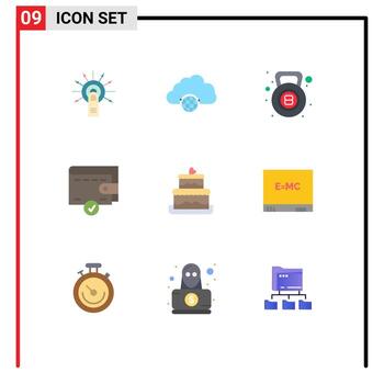 Mobile Interface Flat Color Set of 9 Pictograms of cake money hub complete weight Editable Vector Design Elements