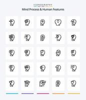 proceso de la mente creativa y características humanas 25 paquete de iconos de esquema, como la configuración. control. proceso. cerebro. humano vector