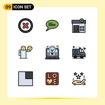 paquete de 9 signos y símbolos modernos de colores planos de línea rellena para medios de impresión web, como la codificación de casas de ideas ligeras, elementos de diseño de vectores editables para el cuidado de la salud