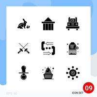 paquete de glifos sólidos de 9 símbolos universales de llamada sable grecia esgrima transporte elementos de diseño vectorial editables vector