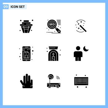Group of 9 Modern Solid Glyphs Set for lamp up solution storage document Editable Vector Design Elements