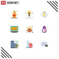 Flat Color Pack of 9 Universal Symbols of monitoring graph solution laptop file Editable Vector Design Elements