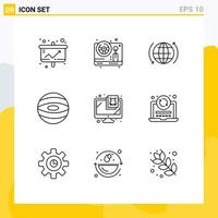 Group of 9 Outlines Signs and Symbols for monitor space play planet arrow Editable Vector Design Elements