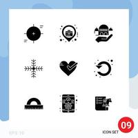 Pack of 9 creative Solid Glyphs of heart snowflake business location holiday donation Editable Vector Design Elements