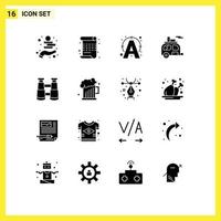 Set of 16 Commercial Solid Glyphs pack for binoculars trailer edit tourism camp Editable Vector Design Elements