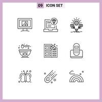 Mobile Interface Outline Set of 9 Pictograms of fire food deveopment bowl scale Editable Vector Design Elements