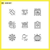 Pack of 9 Modern Outlines Signs and Symbols for Web Print Media such as transaction global credit exchange donate Editable Vector Design Elements