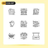 Pictogram Set of 9 Simple Outlines of celebrate lamp contacts couch man Editable Vector Design Elements