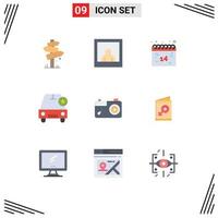 Pictogram Set of 9 Simple Flat Colors of picture camera date vehicles important Editable Vector Design Elements