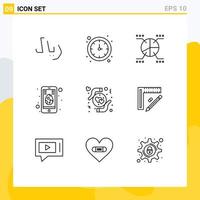 Group of 9 Modern Outlines Set for heart hands pie care egg Editable Vector Design Elements