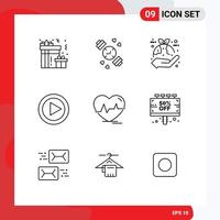 Modern Set of 9 Outlines Pictograph of heartbeat ecg protection media video Editable Vector Design Elements