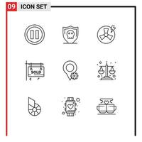 Group of 9 Modern Outlines Set for settings location power real estate sign Editable Vector Design Elements