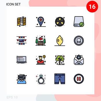 Pack of 16 creative Flat Color Filled Lines of devices computers map float fire Editable Creative Vector Design Elements