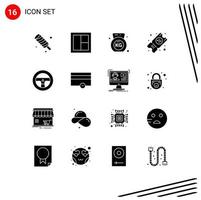 Mobile Interface Solid Glyph Set of 16 Pictograms of car steering wooden travel ticket Editable Vector Design Elements