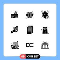 Pack of 9 creative Solid Glyphs of finance coin alarm care watch Editable Vector Design Elements