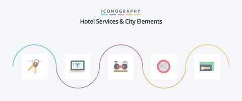 servicios de hotel y elementos de la ciudad paquete de iconos planos 5 que incluye navegador. no. bicicleta. de fumar. condición física vector
