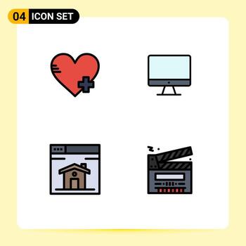 conjunto de color plano de línea de relleno de interfaz móvil de 4 pictogramas de elementos de diseño de vector editables de película de hardware de computadora de página adicional