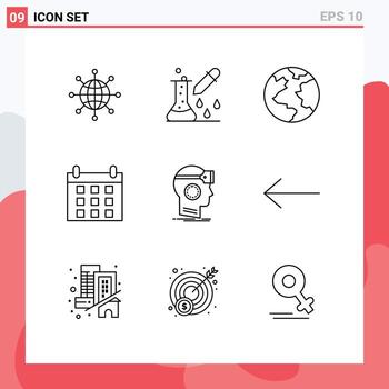 User Interface Pack of 9 Basic Outlines of googles schedule pipette dropper holidays world Editable Vector Design Elements