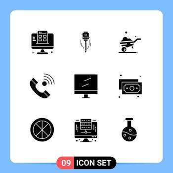 paquete de 9 glifos sólidos creativos de la herramienta entrante de la computadora contáctenos llame elementos de diseño vectorial editables vector