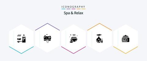 spa y relax paquete de iconos de 25 glifos que incluye aceite. jabón . verde. cuenco vector