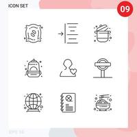 9 Outline concept for Websites Mobile and Apps love school karahi mountain backpack Editable Vector Design Elements