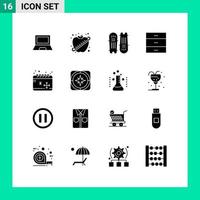 16 User Interface Solid Glyph Pack of modern Signs and Symbols of interior drawer fitness cabinet cricket equipment Editable Vector Design Elements