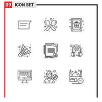 Pictogram Set of 9 Simple Outlines of agreement camping utensils badminton gift Editable Vector Design Elements