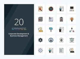 20 líneas de desarrollo corporativo y gestión empresarial icono relleno para presentación vector