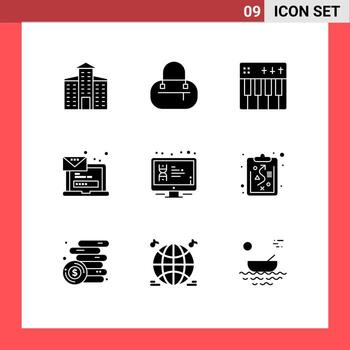 conjunto de 9 glifos sólidos vectoriales en la cuadrícula para elementos de diseño vectorial editables portátiles de inicio de sesión de música de pantalla lcd vector