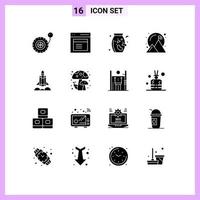 Set of 16 Vector Solid Glyphs on Grid for rocket unicorn startup nuts success achievement Editable Vector Design Elements