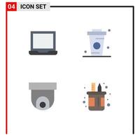 paquete de interfaz de usuario de 4 iconos planos básicos de computadora cctv bebidas de café elementos de diseño vectorial editables en video vector