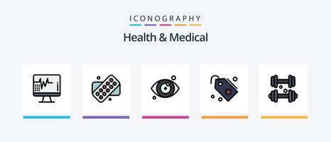 la línea médica y de salud llenó el paquete de 5 íconos que incluye. rueda. cuidado de la salud. médico. limón. diseño de iconos creativos vector