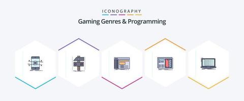 Géneros de juegos y programación Paquete de iconos de 25 líneas completas que incluye diseño. desarrollador. software. panel vector