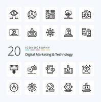 Paquete de 20 iconos de línea de tecnología y marketing digital como red de clientes de discurso de compromiso social vector