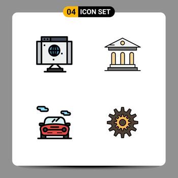 Set of 4 Modern UI Icons Symbols Signs for computer car technology campus vehicle Editable Vector Design Elements