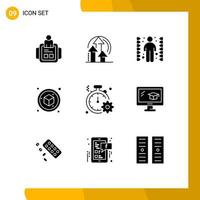 Group of 9 Modern Solid Glyphs Set for fast business challenge object box Editable Vector Design Elements