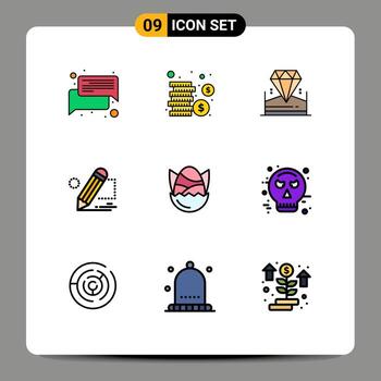conjunto moderno de 9 colores planos y símbolos de línea de llenado, como elementos de diseño de vectores editables de dibujo de tableta de diamante de pollo