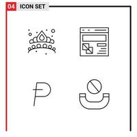 Mobile Interface Line Set of 4 Pictograms of crown potcoin jewel development crypto Editable Vector Design Elements