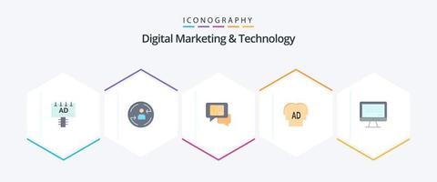 Digital Marketing And Technology 25 Flat icon pack including streaming. brian. chat. ab . elementary vector