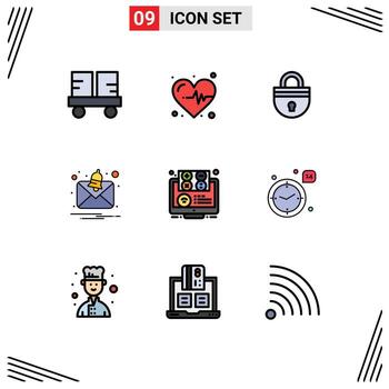 User Interface Pack of 9 Basic Filledline Flat Colors of e notification lock message login Editable Vector Design Elements