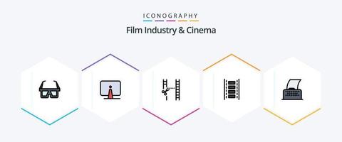 paquete de iconos de 25 líneas completas de cenima que incluye guión de cine. carrete de película. monitor. película. edición vector