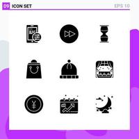 Pack of 9 creative Solid Glyphs of wear hat clock shopping bag Editable Vector Design Elements